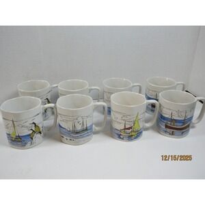 Set of 8 Nautical Marine Sailboat Beach Houses Seagull Ceramic Coffee Mugs